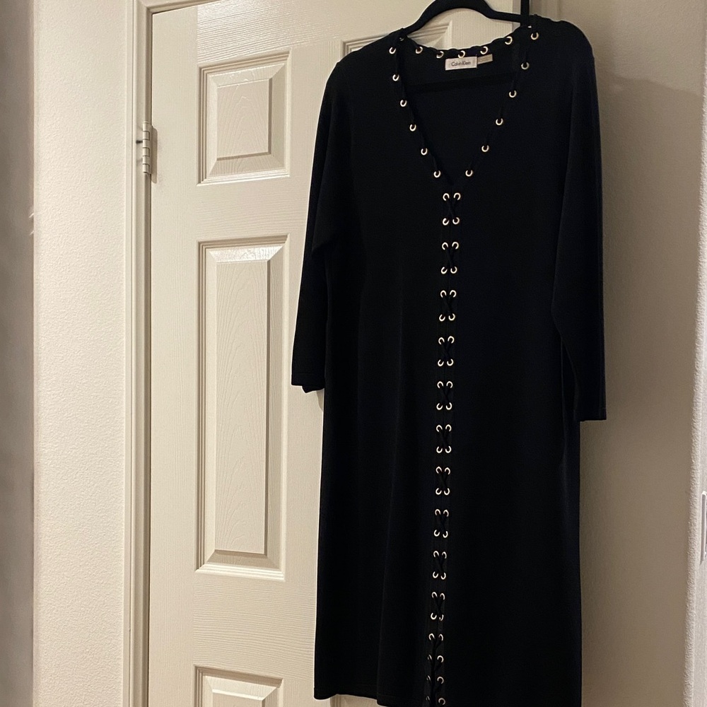 Calvin Klein Black Lace-Up Eyelet Midi Dress
